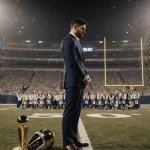 Diego Pavia standing with his Heisman runner-up trophy near his feet and blurred Vanderbilt banners in the dim stadium lights