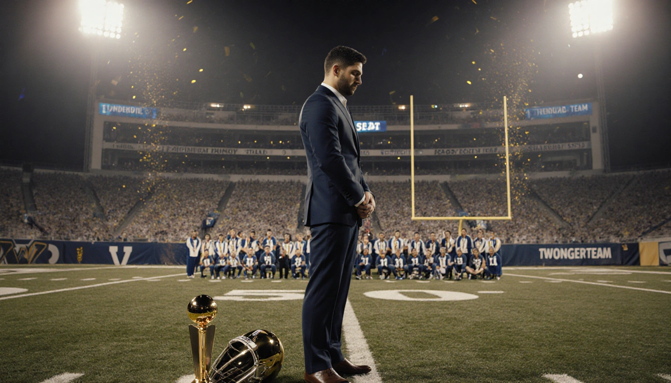 Diego Pavia standing with his Heisman runner-up trophy near his feet and blurred Vanderbilt banners in the dim stadium lights