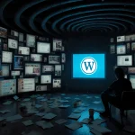 Person sits in digital overload with scattered papers and coffee cups near a glowing blue screen showing Merriam‑Webster logo
