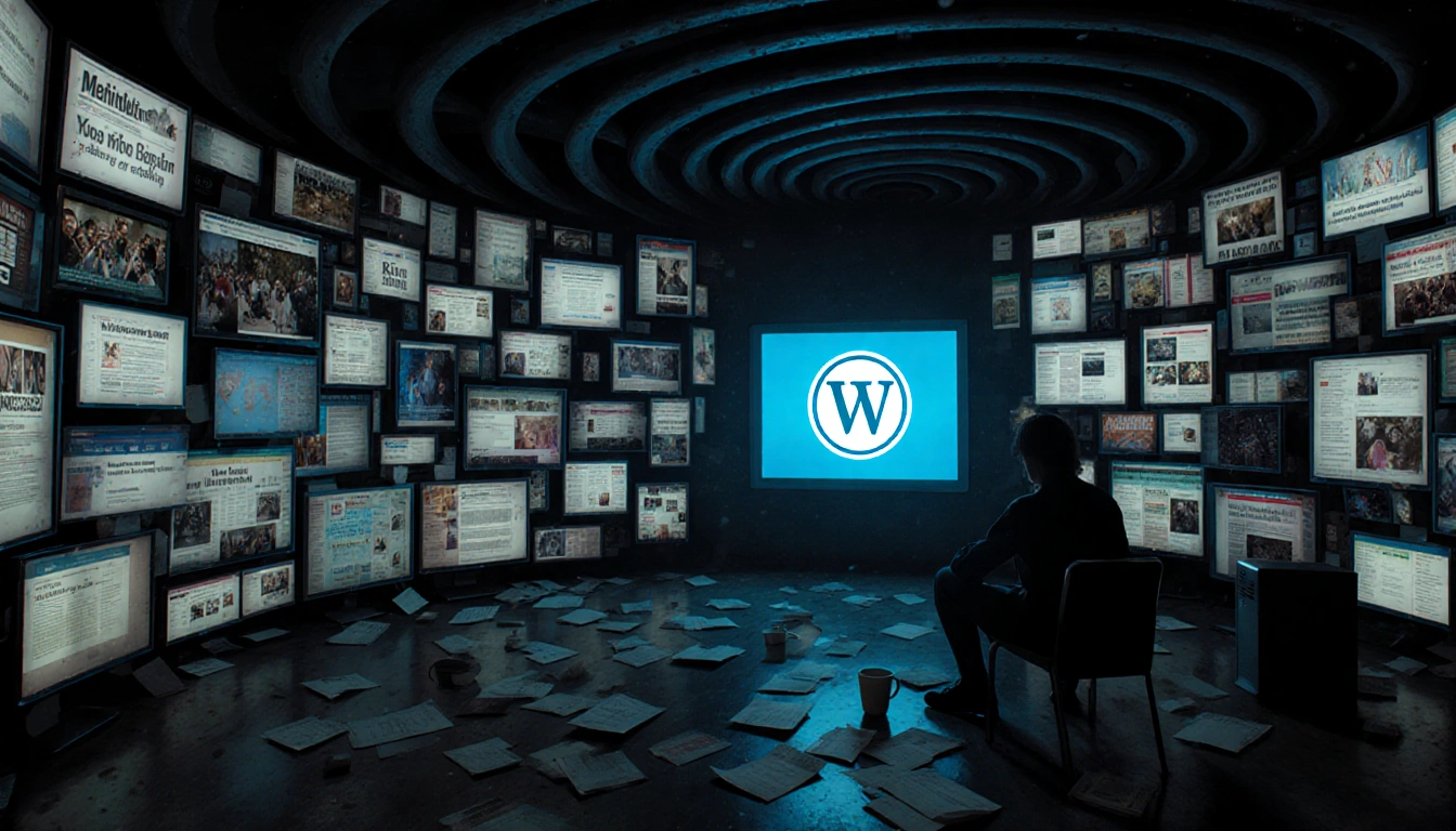 Person sits in digital overload with scattered papers and coffee cups near a glowing blue screen showing Merriam‑Webster logo