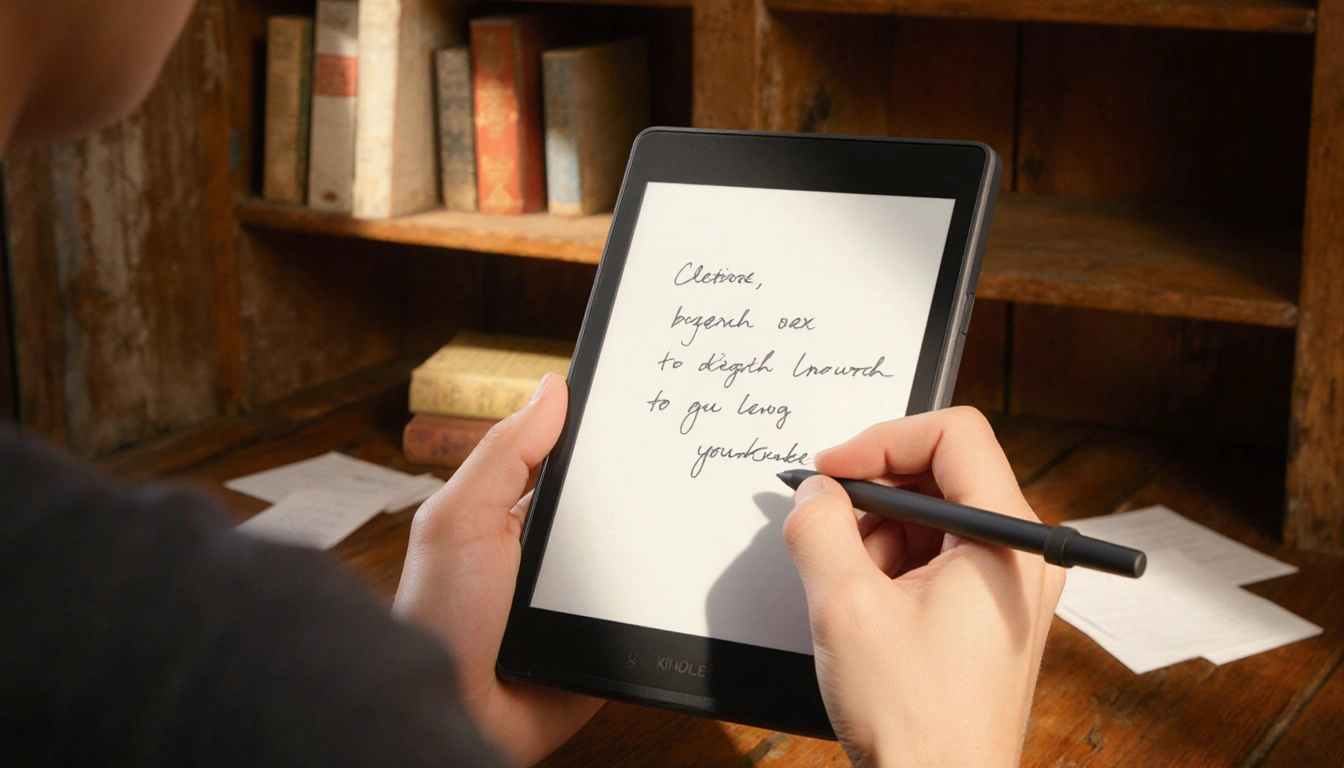 Person holding sleek digital notebook with warm wooden background and soft side light.