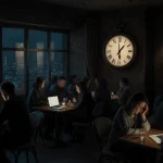 Adults scrolling on laptops with dim coffee shop lighting and a 4:00 PM clock above city lights.