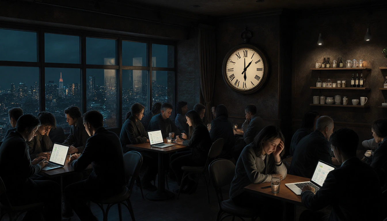 Adults scrolling on laptops with dim coffee shop lighting and a 4:00 PM clock above city lights.