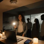 Woman holding a flashlight with candles and a laptop on the counter in a dim kitchen during a power outage.