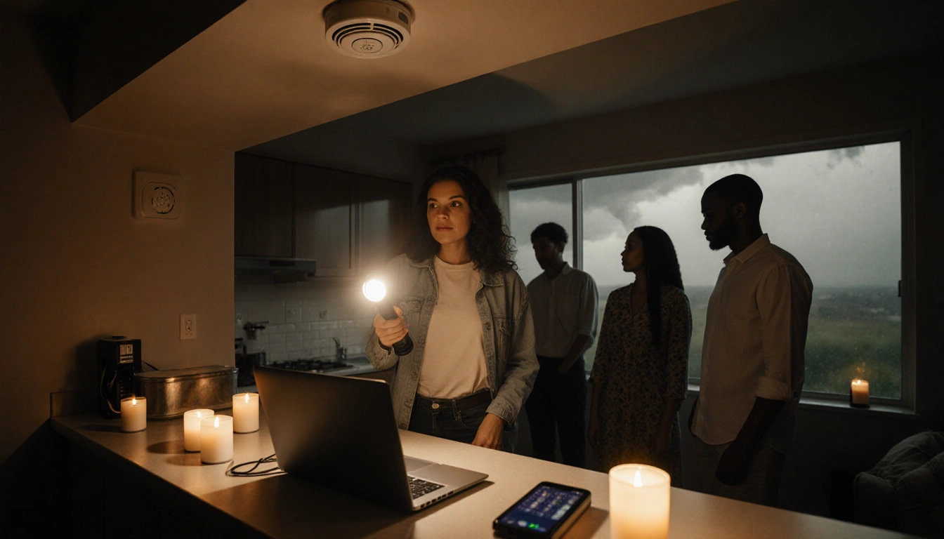 Woman holding a flashlight with candles and a laptop on the counter in a dim kitchen during a power outage.