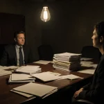 Ken Martin reviewing confidential documents with flickering bulb overhead in cramped conference room