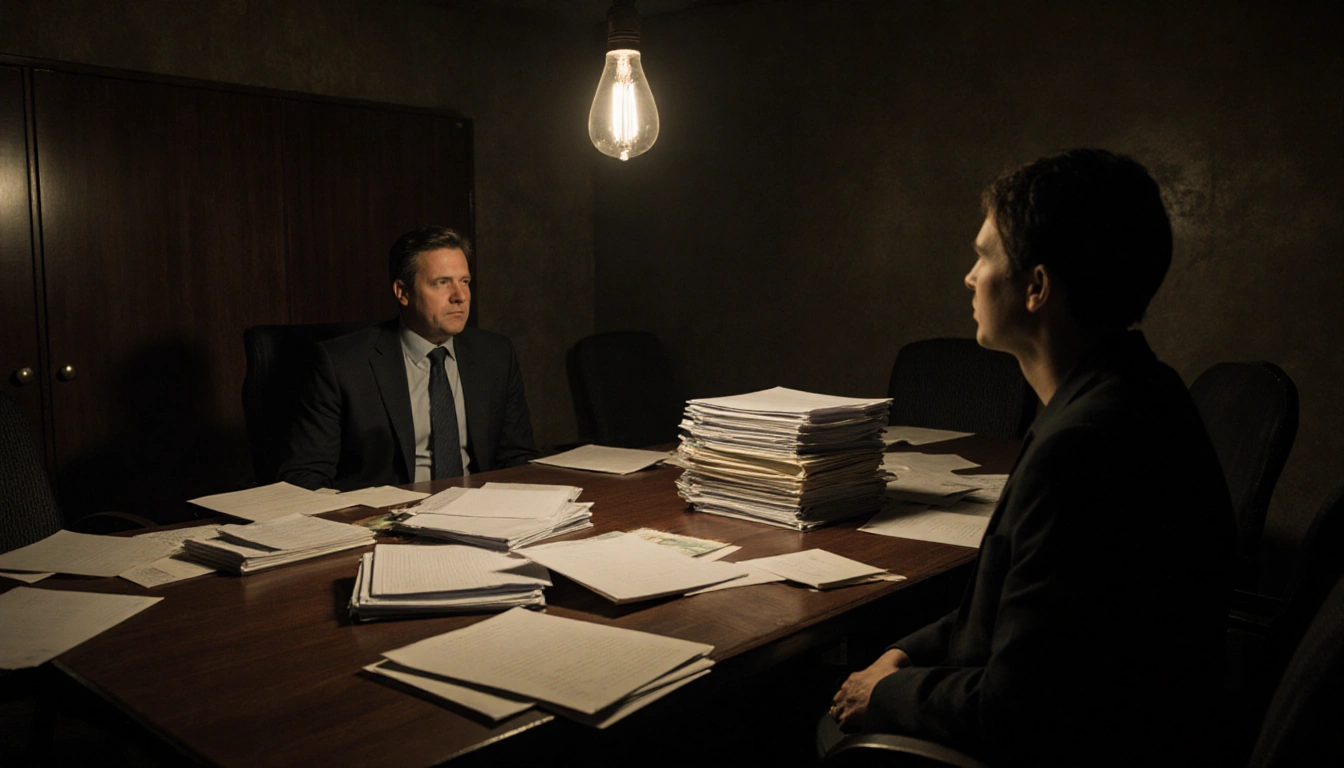 Ken Martin reviewing confidential documents with flickering bulb overhead in cramped conference room