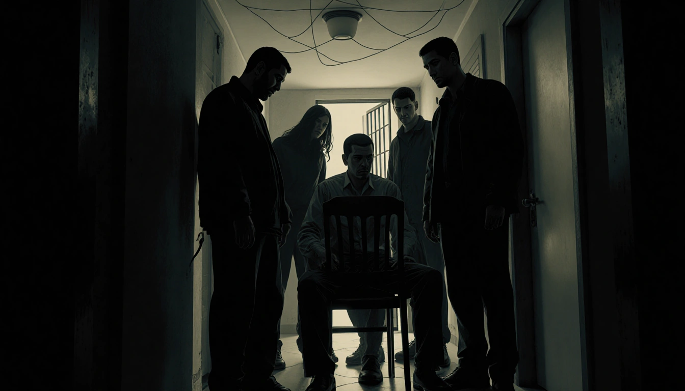 John Doe 1 sits uneasily in a chair with five dark figures in a dim hallway featuring an ajar door and surveillance wires