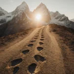 Aerial view of dinosaur trackway at dawn with sunlit footprints and Alps in background and a backpack.