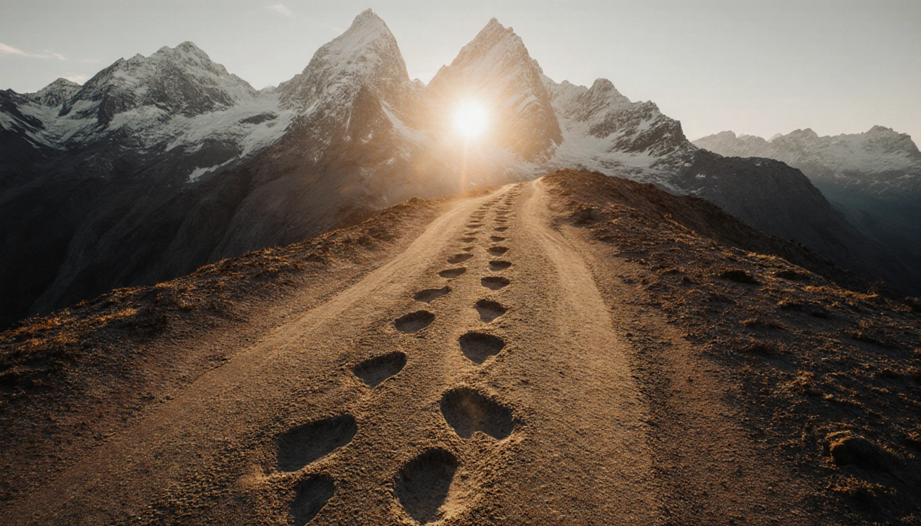 Aerial view of dinosaur trackway at dawn with sunlit footprints and Alps in background and a backpack.