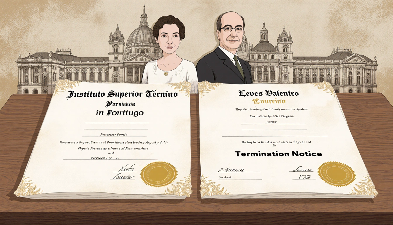 Diplomas rest side by side on desk with parchment and faint silhouettes of Neves Valente and Loureiro university logos.