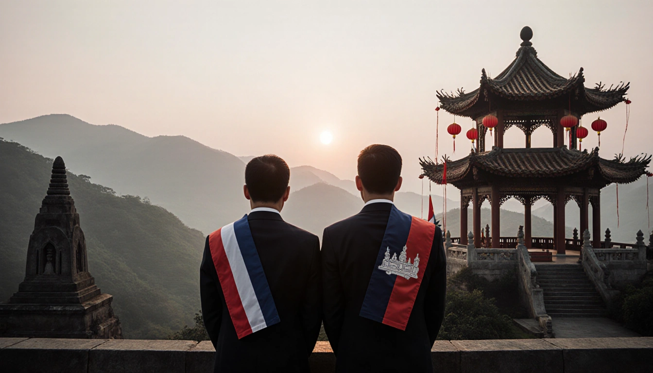 Diplomatic officials standing with Thai and Cambodian flags on their shoulders near a red‑lantern pavilion hills at sunrise.