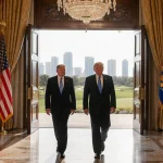 Presidents Tokayev and Mirziyoyev walk toward camera with American officials and Miami skyline behind Doral entrance.