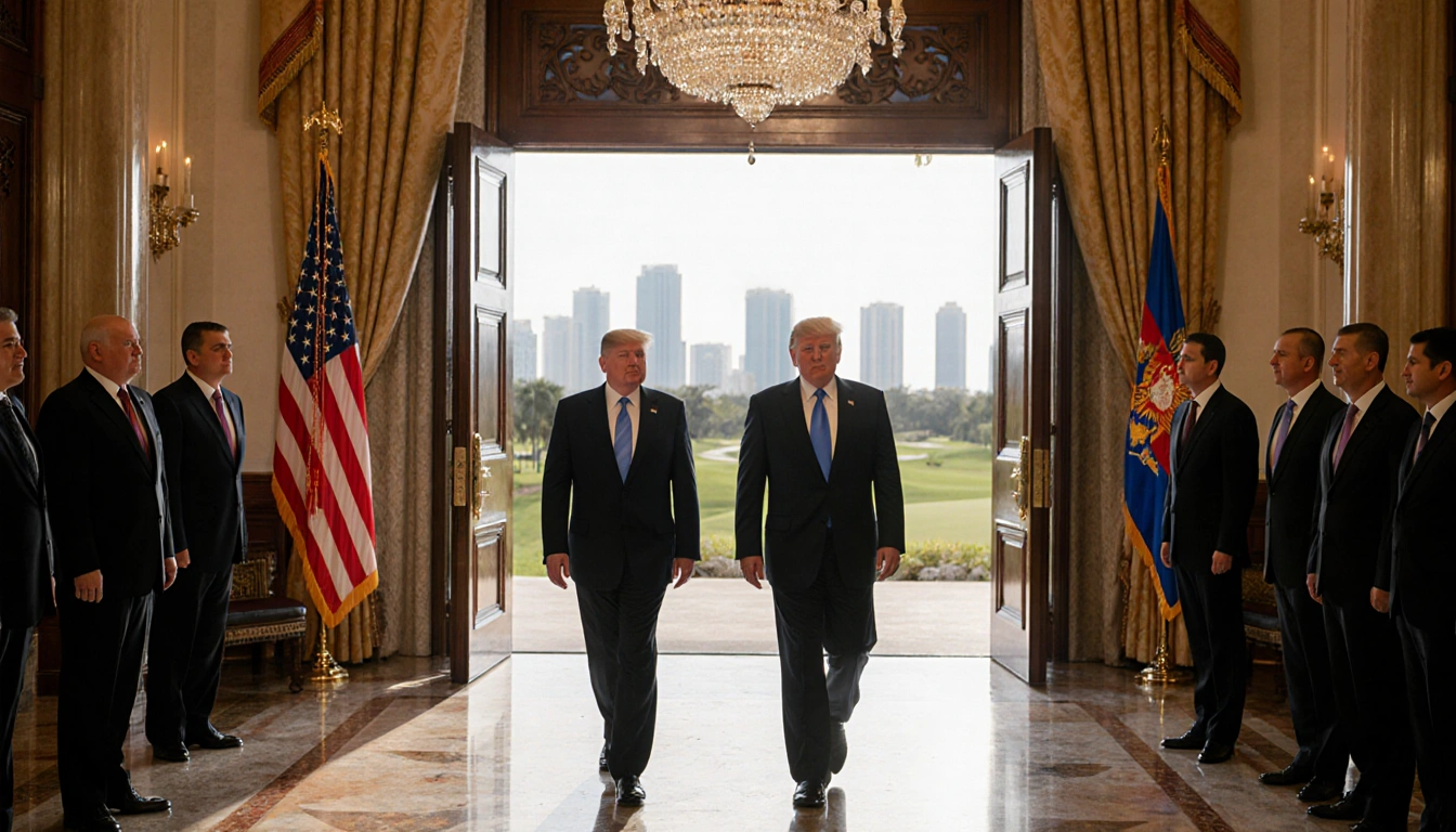Presidents Tokayev and Mirziyoyev walk toward camera with American officials and Miami skyline behind Doral entrance.