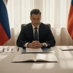 Zelenskyy looks at a U.S. proposal with Russian and Ukrainian flags behind.