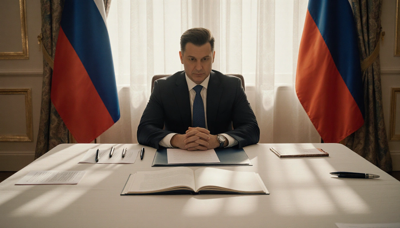Zelenskyy looks at a U.S. proposal with Russian and Ukrainian flags behind.