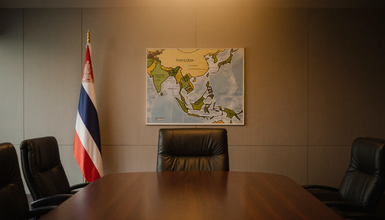 Two empty chairs facing a wooden table in a dim conference room with a Thai flag and map showing diplomatic tension