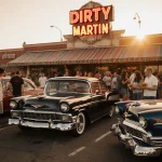 People admire a classic car with neon sign and attendees holding burgers under golden summer evening light