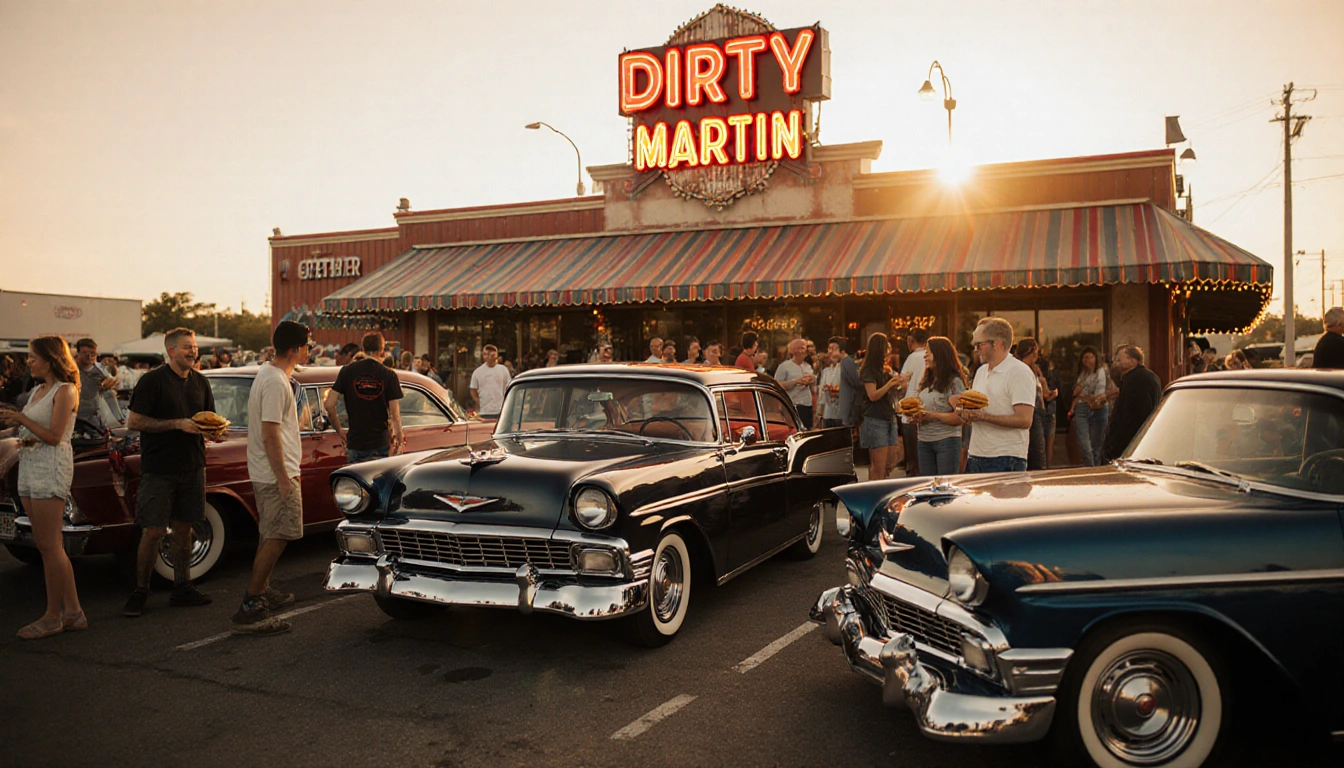 People admire a classic car with neon sign and attendees holding burgers under golden summer evening light