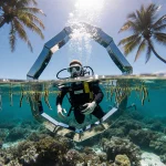 Diver reflected in metal spider with oxygen tank and coral seedlings.