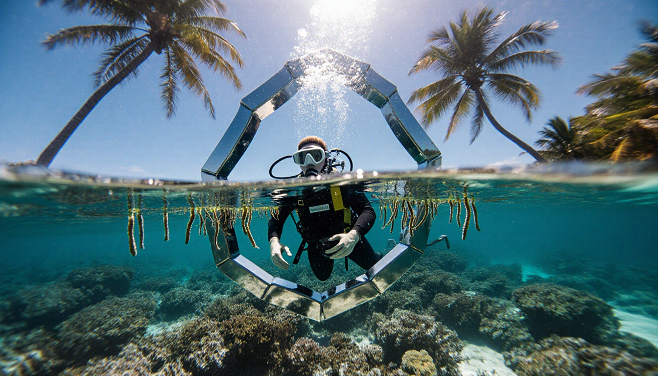 Diver reflected in metal spider with oxygen tank and coral seedlings.