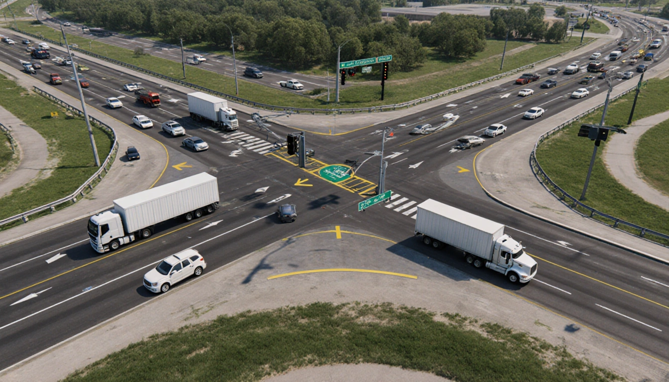 A diverging diamond interchange merges two lanes into one with a 90-degree lane showing traffic signals and guardrails.