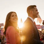 Candidates Gina and Andrew stand side by side at podium with Texas flags and cheering crowd in a hopeful election rally