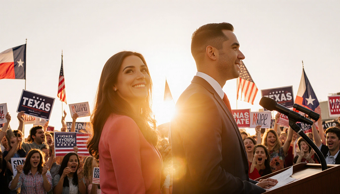 Candidates Gina and Andrew stand side by side at podium with Texas flags and cheering crowd in a hopeful election rally