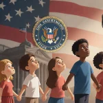 Diverse children holding hands and looking up at a worried mother with an American flag behind.