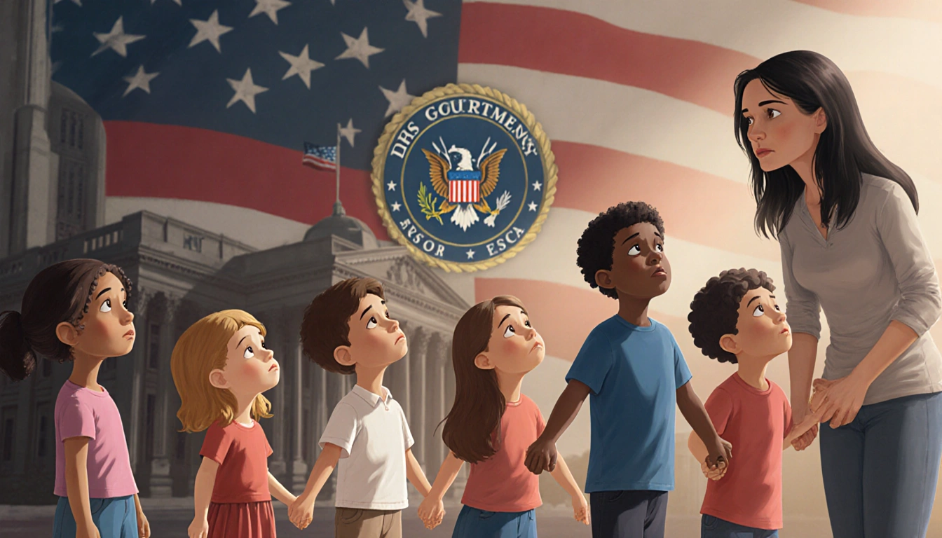 Diverse children holding hands and looking up at a worried mother with an American flag behind.