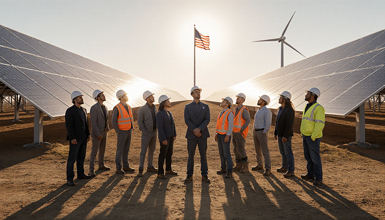 Diverse clean energy professionals standing together with solar farm and waving American flag behind.