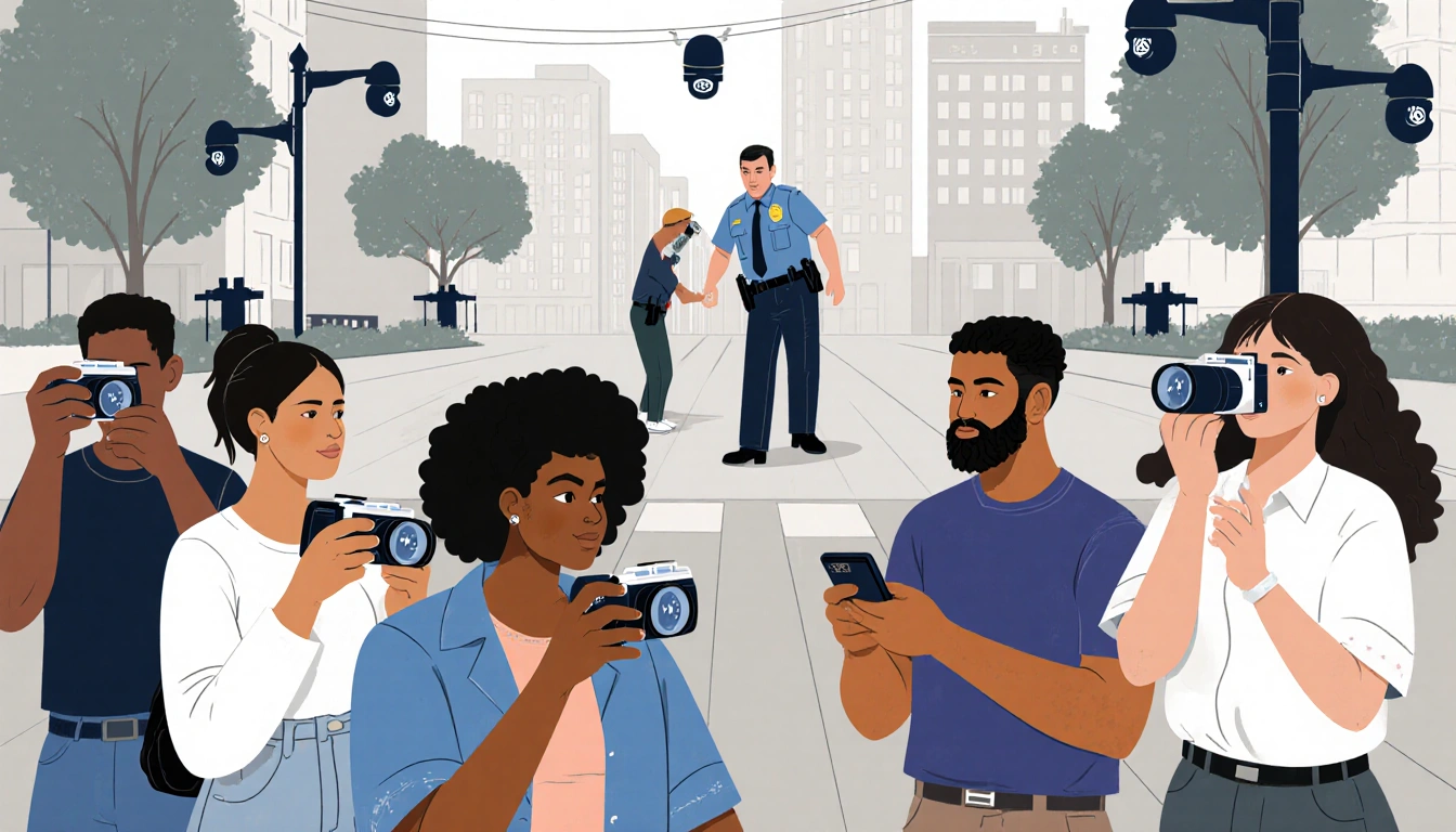 Diverse community members photographing ICE agents with cameras and smartphones near security cameras in a plaza.