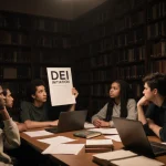 Diverse students debating academic freedom with DEI poster in dimly lit library.