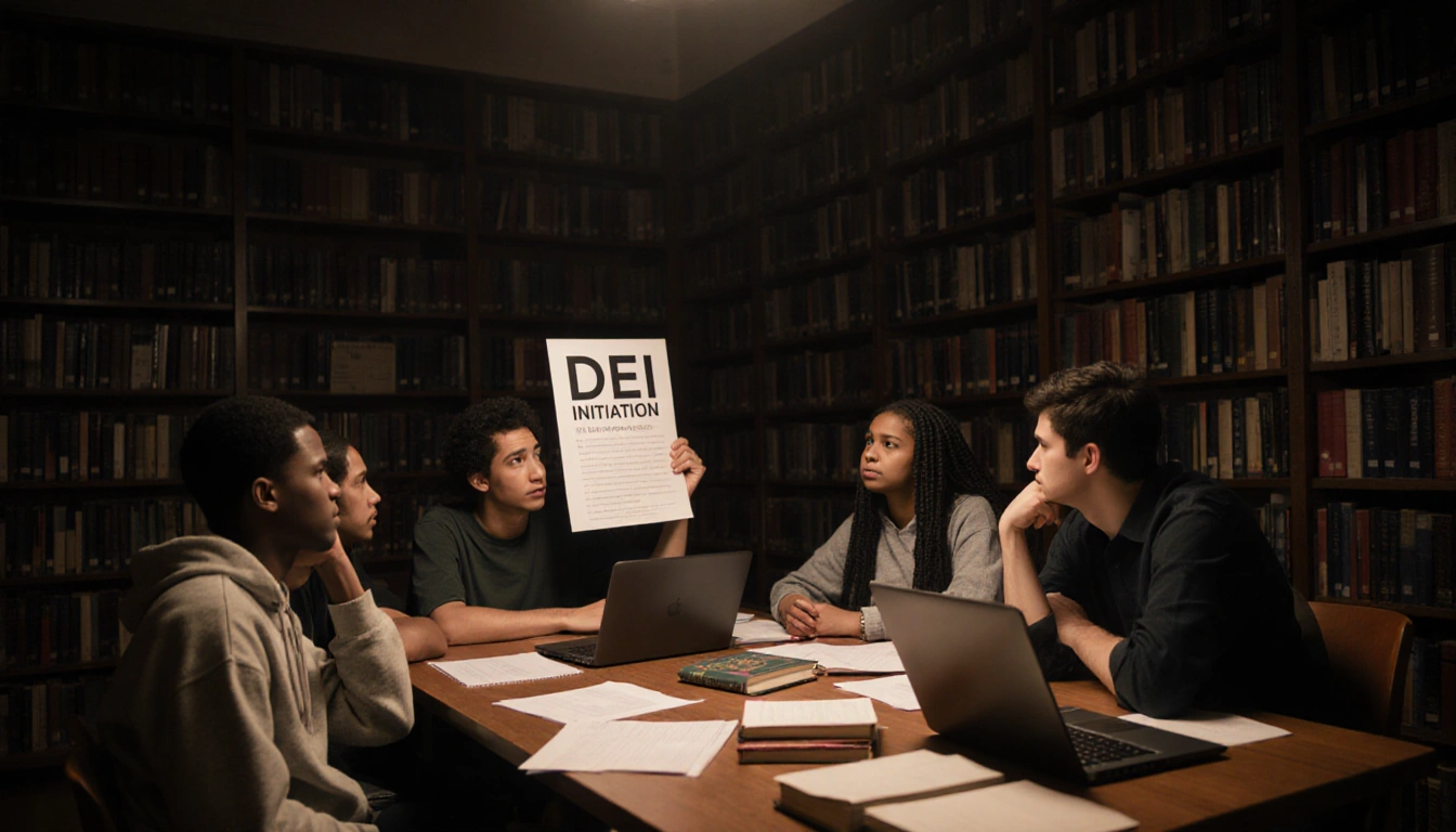 Diverse students debating academic freedom with DEI poster in dimly lit library.