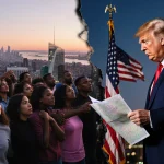 Group of diverse people looking toward horizon with hopeful arms and Trump alone staring at a map near city skyline