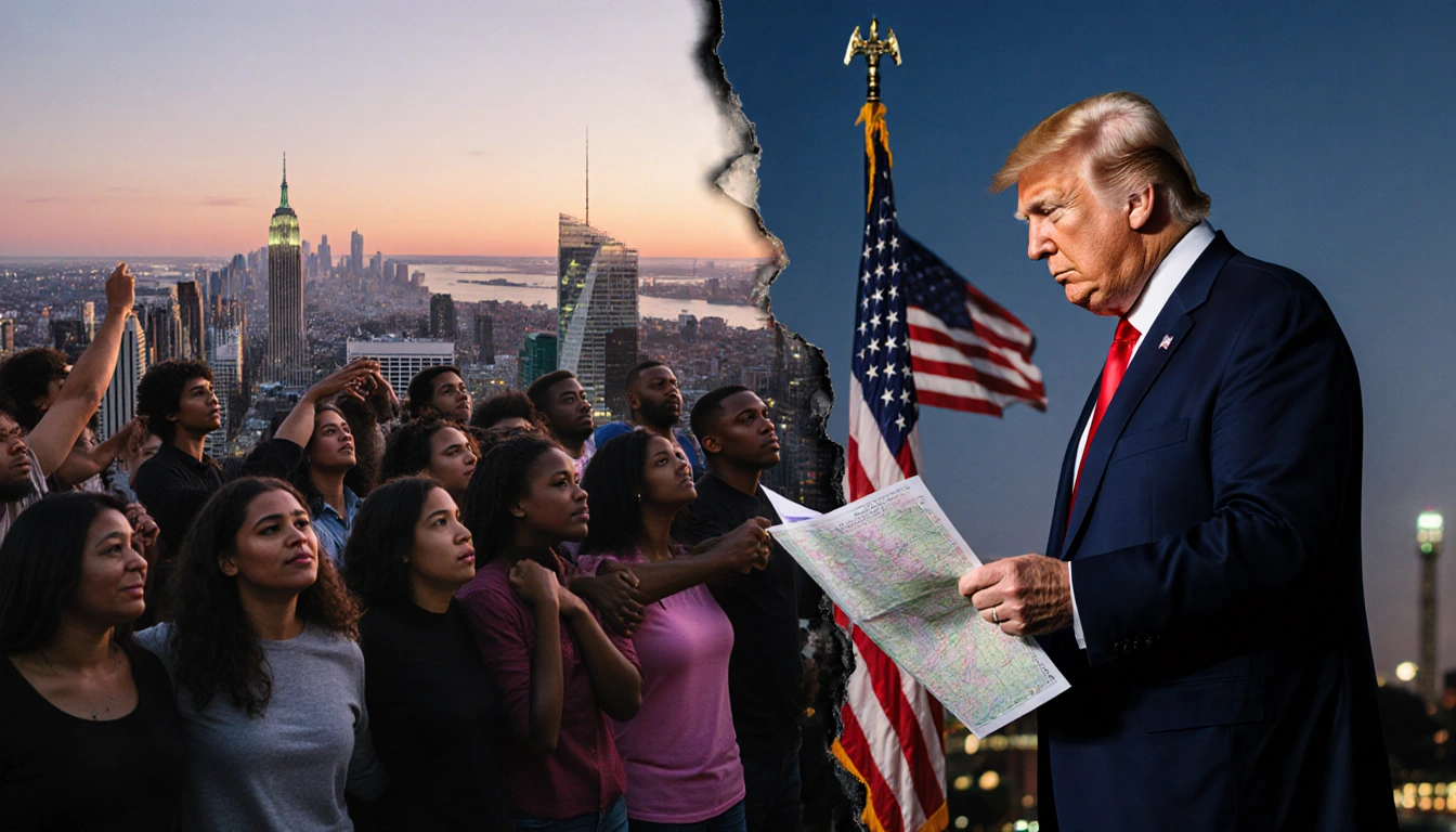 Group of diverse people looking toward horizon with hopeful arms and Trump alone staring at a map near city skyline