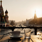 Worn wooden table holding two empty glasses and a coffee cup with golden sunset lighting barbed wire and blurred cathedrals.