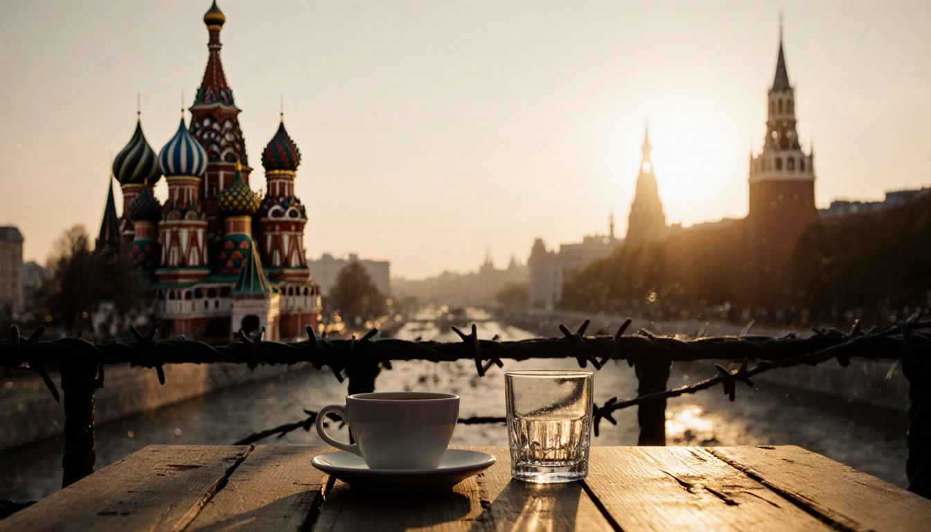 Worn wooden table holding two empty glasses and a coffee cup with golden sunset lighting barbed wire and blurred cathedrals.