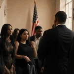 Congregants stand frozen as ICE agents lead distraught members away with dark suits in church foyer and a faded flag in backg