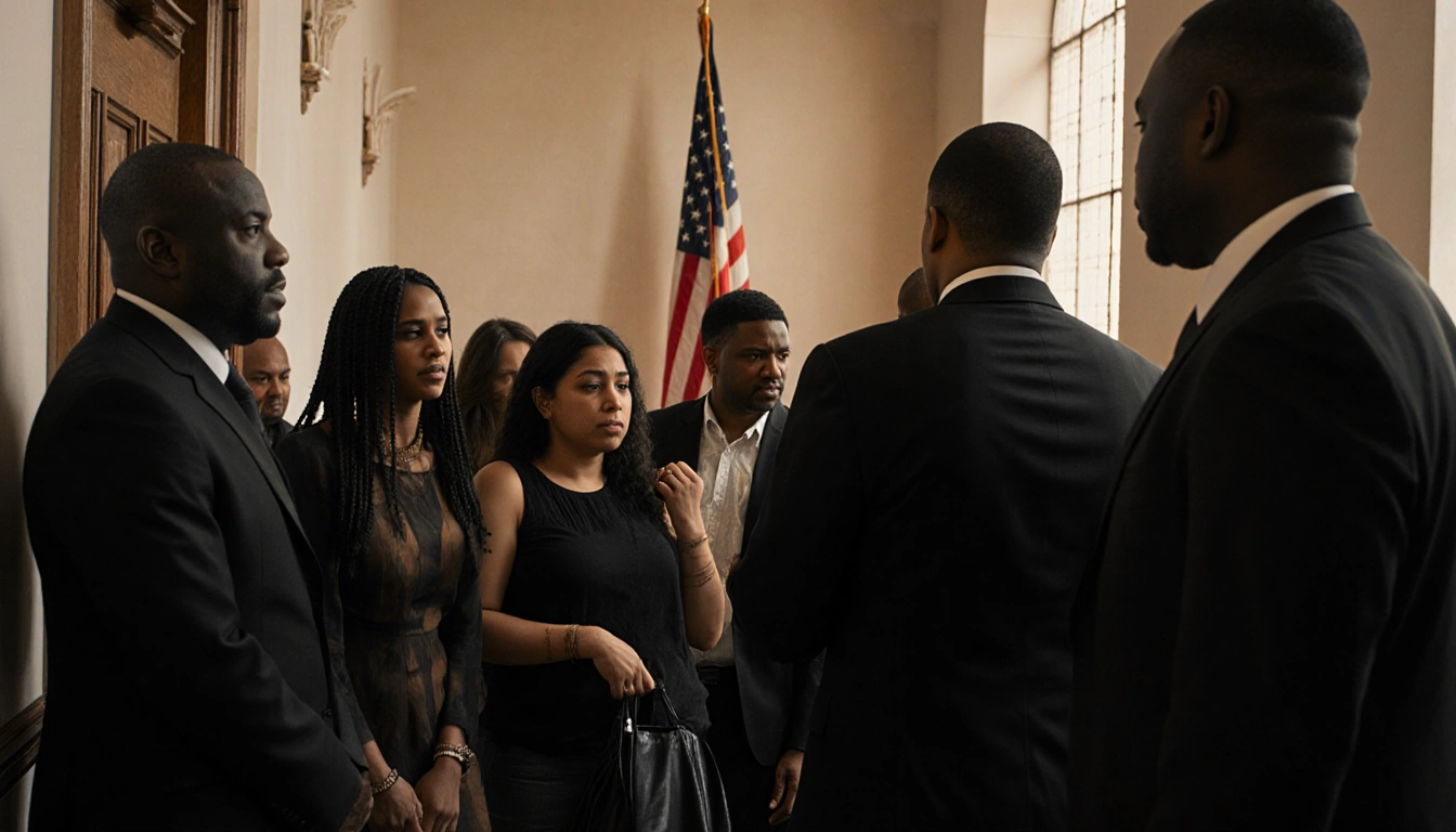 Congregants stand frozen as ICE agents lead distraught members away with dark suits in church foyer and a faded flag in backg