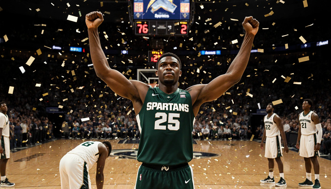 Divine Ugochukwu raises arms in celebration with confetti raining and scoreboard reading 76-72