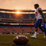 DJ Lagway walking away from Ben Hill Griffin Stadium with a suitcase and jersey and a worn football under a warm sunset glow