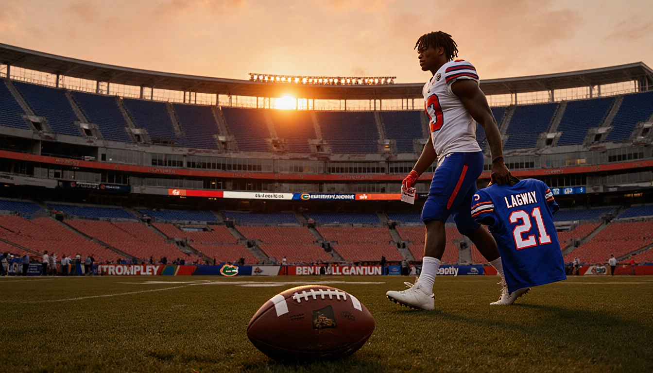 DJ Lagway walking away from Ben Hill Griffin Stadium with a suitcase and jersey and a worn football under a warm sunset glow