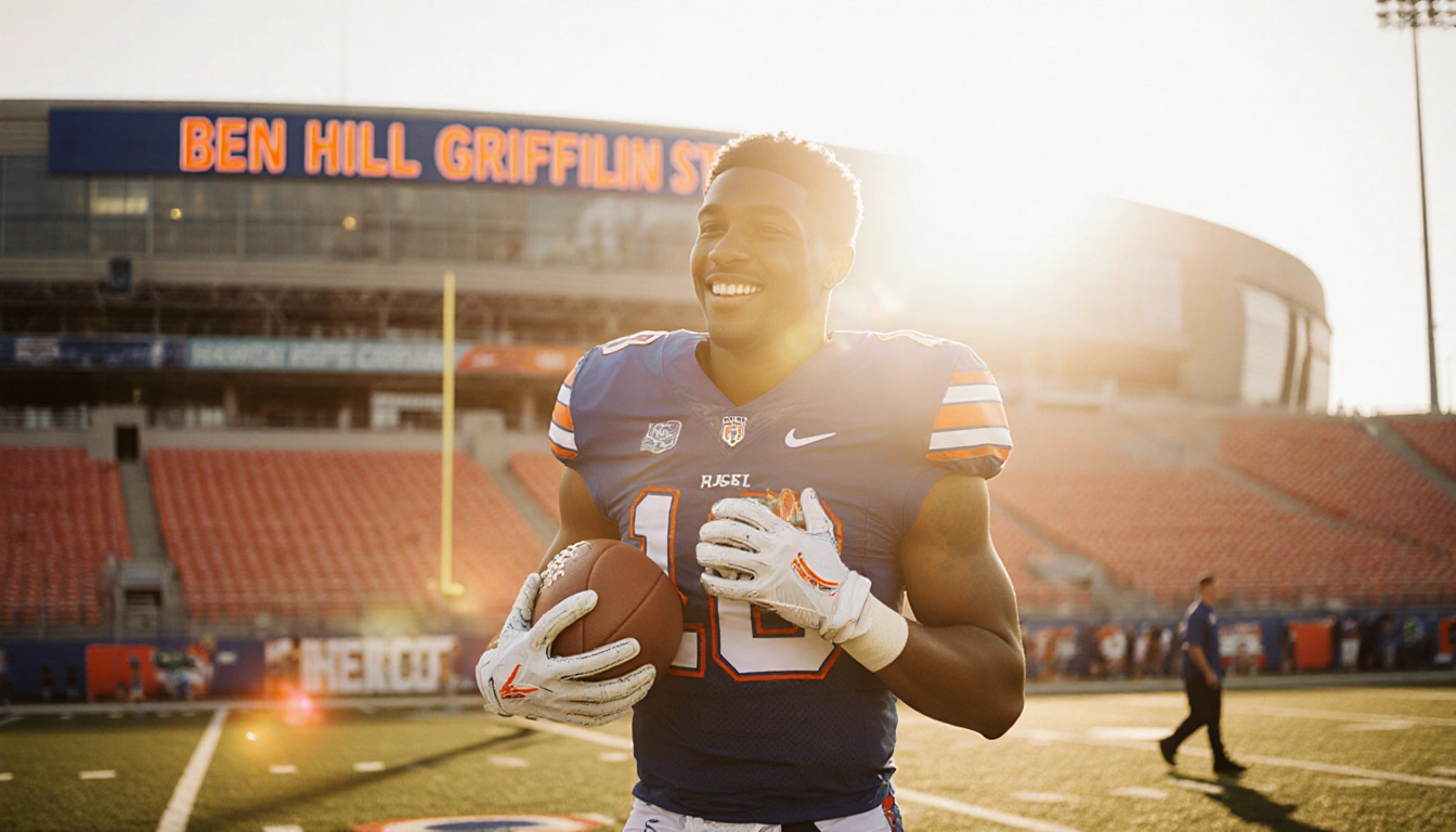 DJ Lagway smiles while holding a football in front of Ben Hill Griffin Stadium with golden sunset light