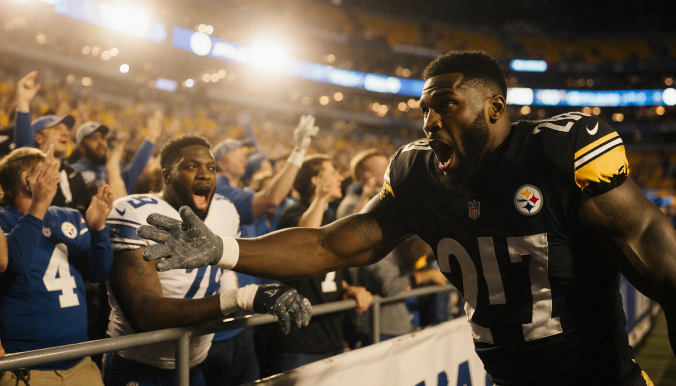 DK Metcalf reaches a fan’s arm with a shocked expression and stadium lights casting a harsh shadow.