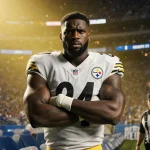 Steelers DK Metcalf with arms crossed frustration at empty seat in Detroit Lions stadium and security guard approaching.