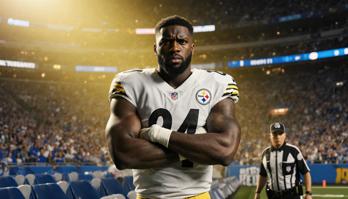 Steelers DK Metcalf with arms crossed frustration at empty seat in Detroit Lions stadium and security guard approaching.