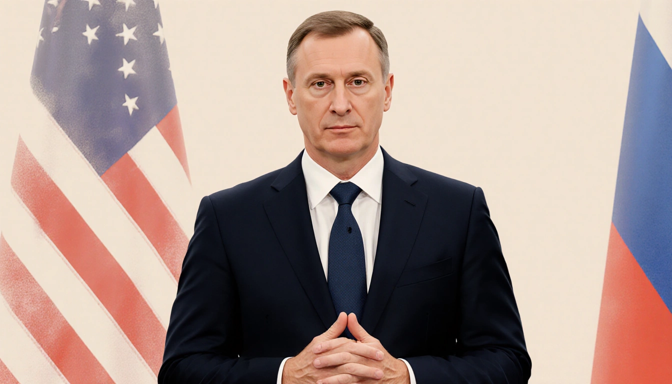 Kremlin spokesman Dmitry Peskov stands with hands clasped in formal suit and faint US and Russian flags in background.