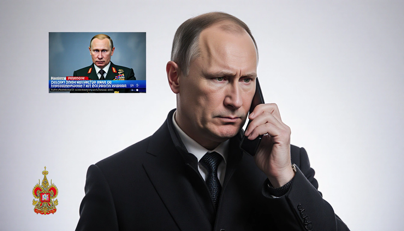 Dmitry Peskov holding phone to his ear with urgent muted colors and a subtle Putin image in background