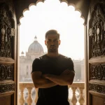 Dmytro Firtash stands with arms crossed against a carved wooden door with faint Indian architectural hints and golden light V